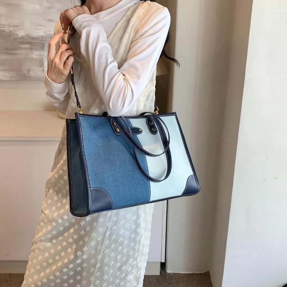 Denim Canvas Tote Bag for Women Spacious Stylish Casual Durable